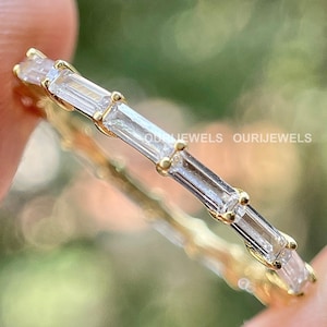 Minimalist Band Ring, 1.02 CT Baguette Cut Colorless Moissanite Full Eternity Wedding Stackable Band, Delicate Baguette Cut Band For Women