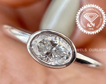 East West Oval Lab Diamond Ring, Oval Bezel Set Solitaire Engagement Ring, D/E Color VVS Wedding Ring, 14K Solid Gold