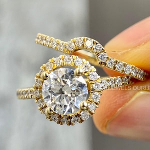 Bridal Set, Oval Halo Moissanite Ring with Matching Wedding Band, Complete Bridal Jewelry, bridal ring set for gift