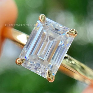 3.0 CT Emerald Cut Colorless Moissanite Engagement Ring, Solitaire Wedding Claw Prong Set  Yellow Gold  Wedding Proposal Gift ring for women