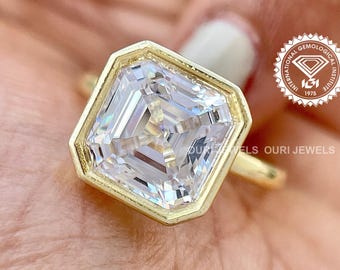 2.5 Carat Asscher Cut Lab Grown Diamond Engagement Ring Full Bezel Set Solitaire Wedding Ring, VVS Asscher Cut Solid Gold Anniversary Ring