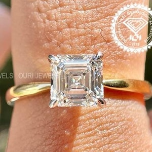 Asscher 1 to 3 CT Cut Lab Grown Diamond Solitaire Cathedral Engagement Ring Unique Lab Diamond Ring Elegant Yellow Gold Bridal Jewelry
