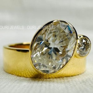 Wide Band Oval and Round Cut Engagement Ring For Women - Bezel Set Wedding Ring, Unique Thick Band Made Solitaire Ring, 14K Solid Gold Ring