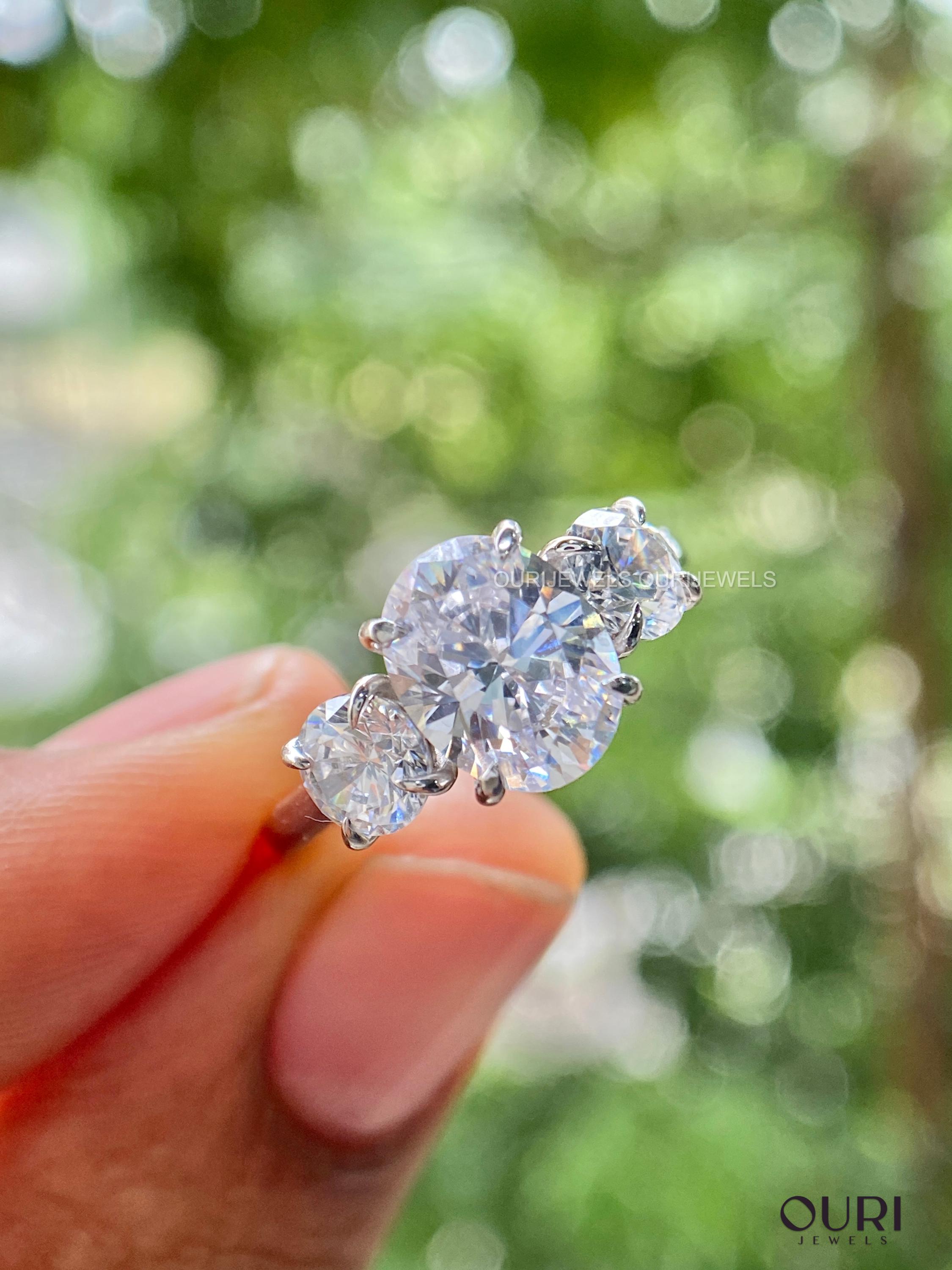 Three Stone Oval Cut Engagement Ring, Colorless Moissanite Past Present ...