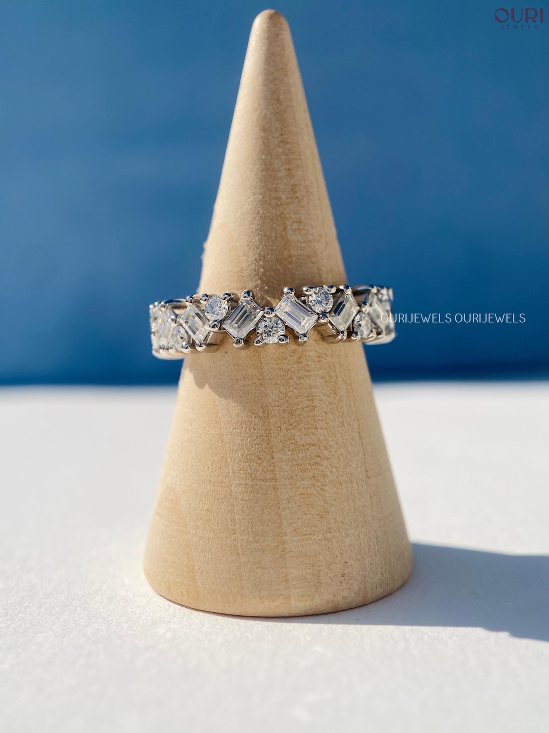 Baguette and Round Cut Colorless Lab Grown Diamond Wedding Band Zigzag ...