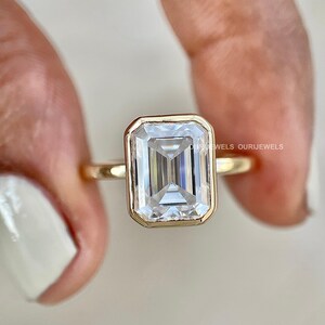2 Ct Emerald Cut Ring, Lab Created Diamond, Gold Bezel Engagement Ring, Simple Bridal Ring