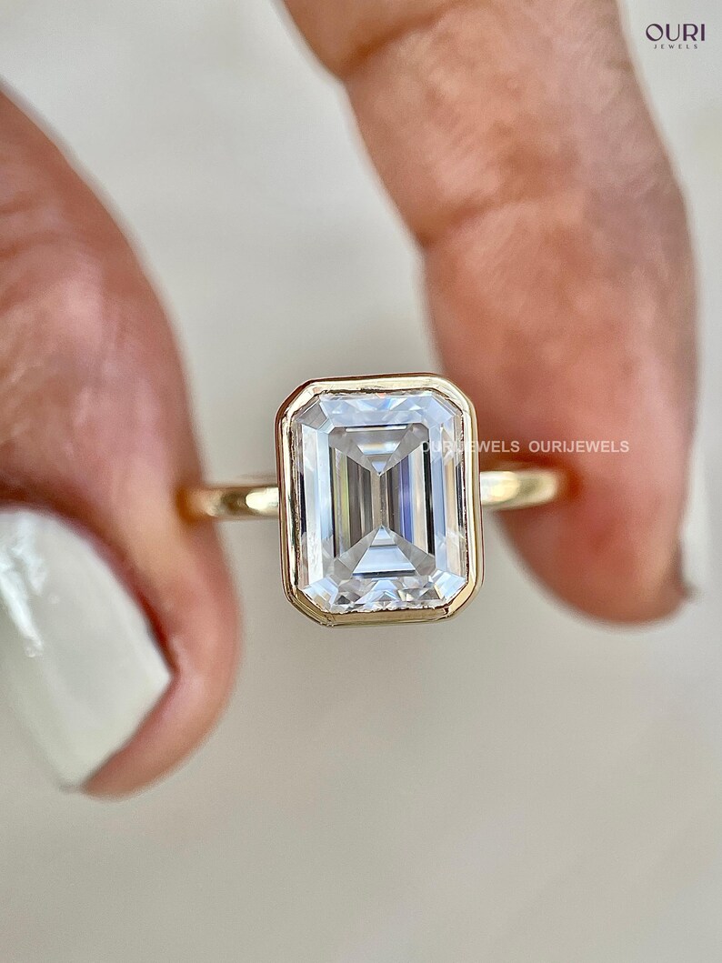 2 Ct Emerald Cut Ring, Lab Created Diamond, Gold Bezel Engagement Ring, Simple Bridal Ring
