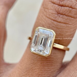 2 Carat Emerald Cut Lab Grown Diamond Ring, Bezel Set Solitaire Ring , IGI Certified D Color VVS2 Diamond Engagement Ring