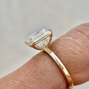 2 Carat Lab Grown Emerald Cut Diamond Solitaire Ring, 18K Gold Bezel Setting, Simple Unique Ring for Her