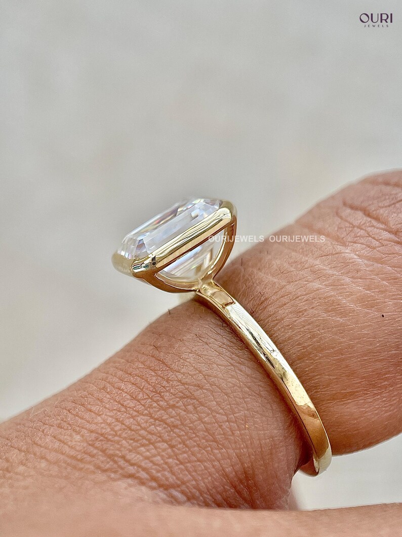 2 Carat Lab Grown Emerald Cut Diamond Solitaire Ring, 18K Gold Bezel Setting, Simple Unique Ring for Her