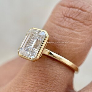 Emerald Cut Lab Grown Solitaire Diamond, Bezel Set Gold Ring, IGI Certified D Color VVS2, Modern Engagement Ring