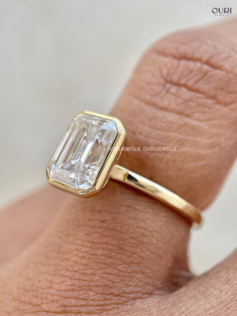 Emerald Cut Lab Grown Solitaire Diamond, Bezel Set Gold Ring, IGI Certified D Color VVS2, Modern Engagement Ring