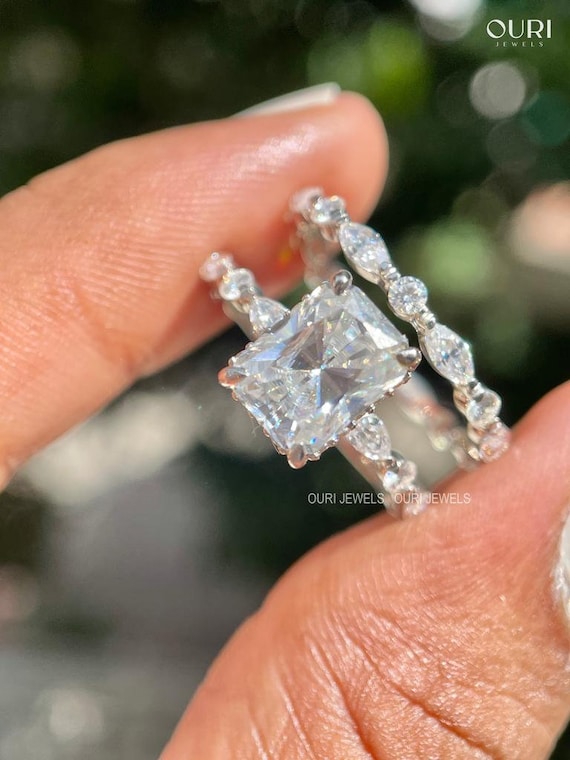 CT Unique Radiant Cut Bridal Set Hidden Gift for Her Promise