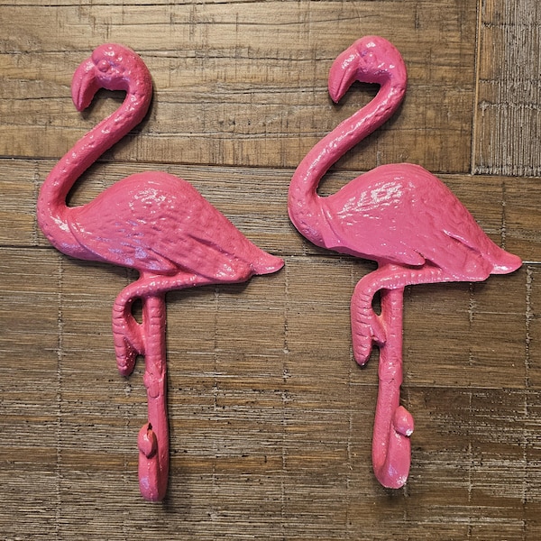 2 pc Cast Iron Pink Flamingo Wall Hooks: Beach Cabin Decor Kitchen Bath Pool