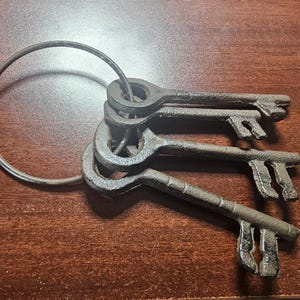 Può includere: Un set di tre chiavi in stile antico in metallo scuro, attaccate a un grande anello di metallo. Le chiavi presentano dettagli intricati e un aspetto invecchiato, che suggerisce età e utilizzo. Le chiavi sono esposte su una superficie di legno.
