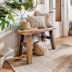 Banc en bois de récupération fait main, banc d'entrée en bois massif de ferme, table de chevet rustique, banc/siège étagère à chaussures de couloir, banc de plantes de jardin
