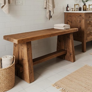 Banc de salle de bain rustique en bois de récupération, banc de salle de bain en bois massif de ferme, banc/siège à chaussures de couloir de table fait main, banc de plantes de jardin