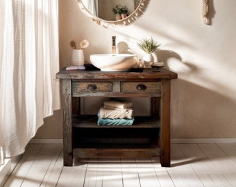 Handmade Rustic Barnwood Vanity Bathroom, Rustic Single Sink Vanity, Unique Reclaimed Farmhouse Vanity, Counter Top Wood Table with Drawers