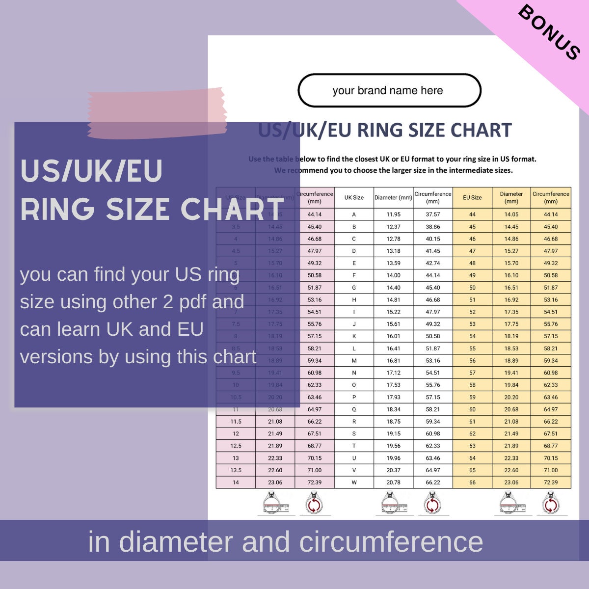 Editable Ring Size Chart, Ring Size Guide, US Ring Size Chart, Ring Size Conversion, Ring Size