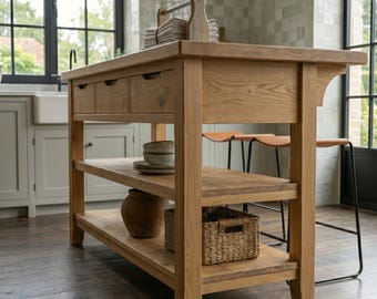 kitchen island with seating ,custom counter height table , butcher block island with drawers, rustic solid wood dining table