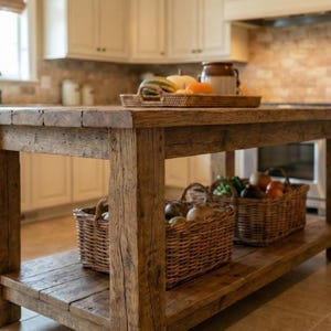 Reclaimed Wood Kitchen Island , Farmhouse Rustic Kitchen Island with Drawers / Shelf, Counter Height Dining Table, butcher block island