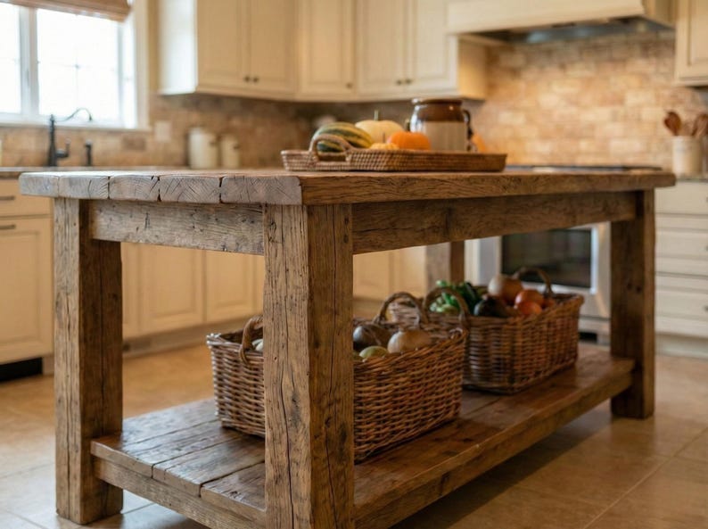 Reclaimed Wood Kitchen Island , Farmhouse Rustic Kitchen Island with Drawers / Shelf, Counter Height Dining Table, butcher block island