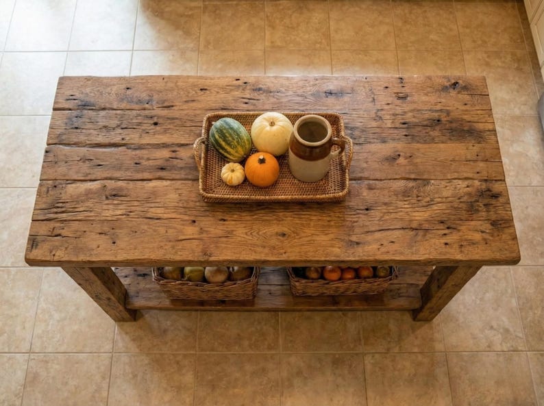 A rustic wooden kitchen table with a lower shelf. The table's surface has a natural, weathered appearance, showcasing the wood grain. Reclaimed Wood Kitchen Island , Farmhouse Rustic Kitchen Island with Shelf, Counter Height Dining Table, butcher block island