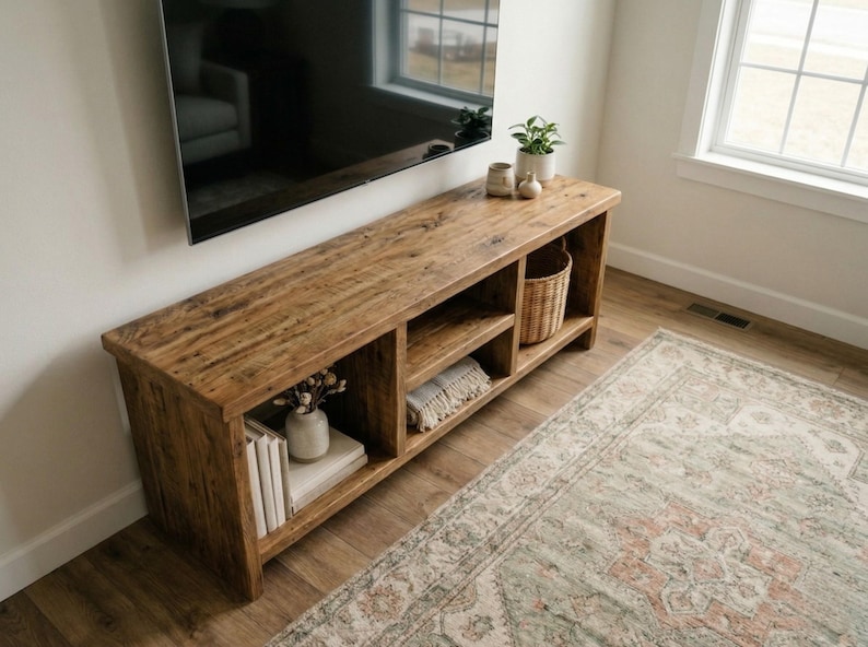 May include: A long, rectangular wooden media console with a natural brown wood grain finish. The unit features three open storage compartments. The left section holds white books and a small vase, the center holds a folded textile, and the right holds a woven basket.