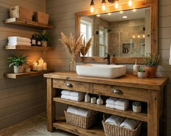 May include: A rustic wooden bathroom vanity with a white rectangular vessel sink, a large wooden-framed mirror, and open shelving. The vanity features two drawers with metal pulls, two woven baskets, and stacks of white towels and potted plants.