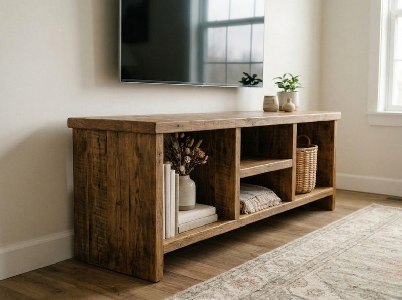 A rustic wooden media console featuring a natural brown finish with visible wood grain. The unit has open shelves. TV Stand with Vinyl Record Storage