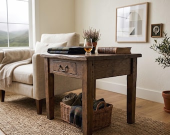 Handmade Side Table, Rustic End Table for Living Room, Solid Barn Wood Table, scotland highlands aesthetic, Chesnut Side Table