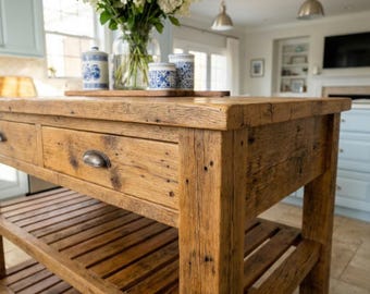 Reclaimed Wood Kitchen Island with Storage / Shelf, Rustic Kitchen Island Drawers, Counter Height Kitchen Table, butcher block island