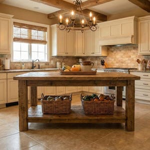 Reclaimed Wood Kitchen Island , Farmhouse Rustic Kitchen Island with Drawers / Shelf, Counter Height Dining Table, butcher block island
