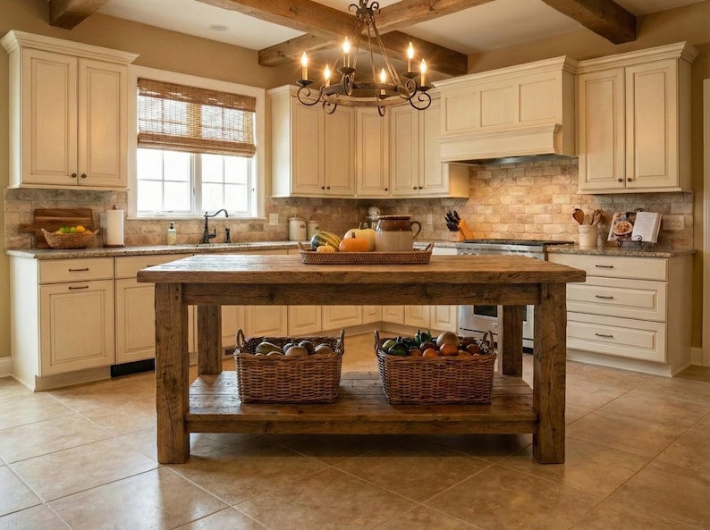 Reclaimed Wood Kitchen Island , Farmhouse Rustic Kitchen Island with Drawers / Shelf, Counter Height Dining Table, butcher block island