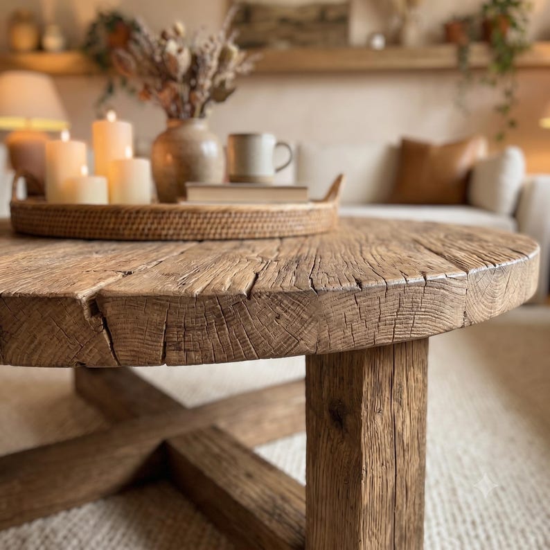 Low Japandi Coffee Table, Rustic Center Table for Living Room, Custom Wooden Coffee Table image 2