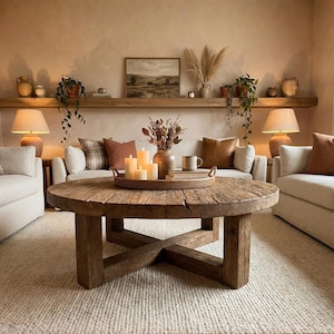 May include: A round, rustic wooden coffee table with a thick, textured top and a sturdy cross-base design. The table is positioned in a living space, featuring a circular woven tray holding several pillar candles, a ceramic vase, and a mug.