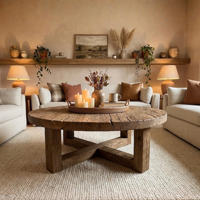 May include: A round, rustic wooden coffee table with a thick, textured top and a sturdy cross-base design. The table is positioned in a living space, featuring a circular woven tray holding several pillar candles, a ceramic vase, and a mug.