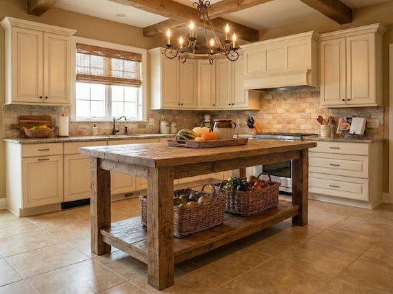 Reclaimed Wood Kitchen Island , Farmhouse Rustic Kitchen Island with Shelf, Counter Height Dining Table, butcher block island