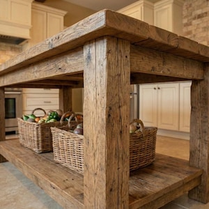 A rustic, rectangular wooden kitchen island with a lower shelf and thick, square legs. The island is made of weathered wood, showcasing natural grain and knots.