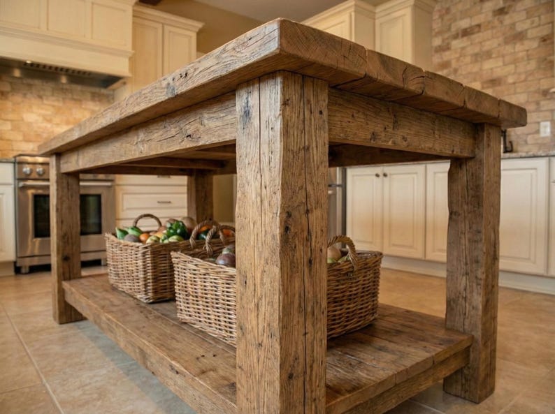 A rustic, rectangular wooden kitchen island with a lower shelf and thick, square legs. The island is made of weathered wood, showcasing natural grain and knots.