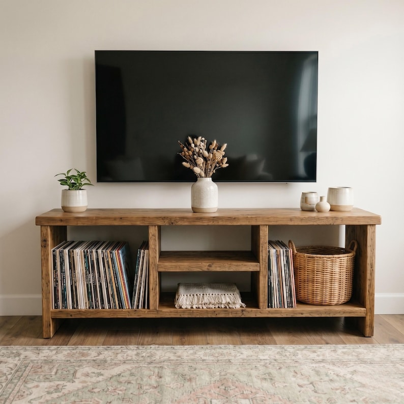 A rustic, wooden TV stand with open shelving, displaying vinyl records, Tv Stand , Vinyl Record Storage, Rustic TV Console with Shelf, Solid Wood Tv Stand, Reclaimed Tv Unit, Chestnut Media Cabinet