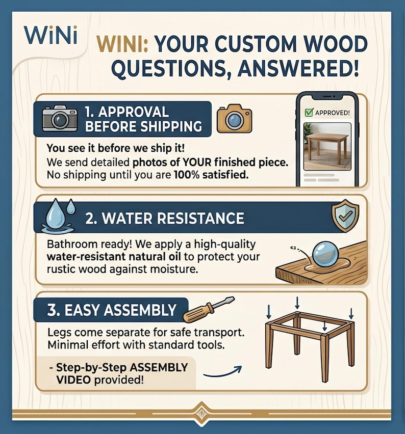 May include: An informational graphic titled WiNi: YOUR CUSTOM WOOD QUESTIONS, ANSWERED! featuring three sections: 1. Approval before shipping with camera icons, 2. Water resistance with a water droplet icon, and 3. Easy assembly with a screwdriver icon.