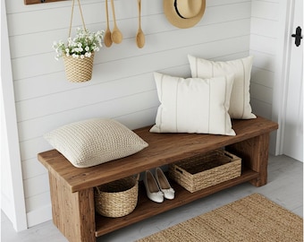 Rustic Reclaimed Wood Entryway Bench, Farmhouse Solid Wood Bench, Handmade Bedside Table, Hallway Shoe Rack Seating