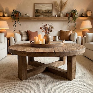 May include: A rustic, round wooden coffee table with an X-shaped base dominates the living room. The table is surrounded by cream-colored sofas, pillows, and a woven tray with candles. A neutral rug and warm lighting create a cozy atmosphere.