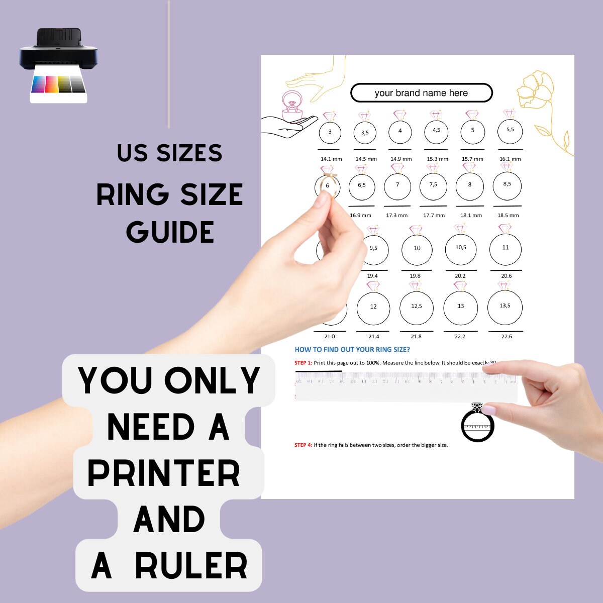 Editable Ring Size Chart, Ring Size Guide, US Ring Size Chart, Ring