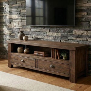 May include: A dark brown wooden TV stand with two drawers and open shelving. The stand has a rustic design with visible wood grain and metal hardware. Decorative items like vases and books are displayed on the stand.