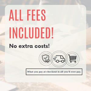 The image is a promotional poster for a service or product, stating that all fees are included and no extra costs will be charged at the checkout.