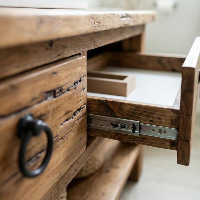 A rustic wooden bathroom vanity featuring two drawers with dark metal ring pulls, and an open bottom shelf for storage. The vanity is made of reclaimed wood with a natural finish.
Rustic Bathroom Vanity,  Wood Bathroom Vanity, Custom Single Sink Vanity, Unique Reclaimed Farmhouse Vanity with Storage