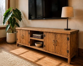 Rustic TV Stand Vinyl Record Storage, Solid Wood TV Cabinet with Doors and open Shelves