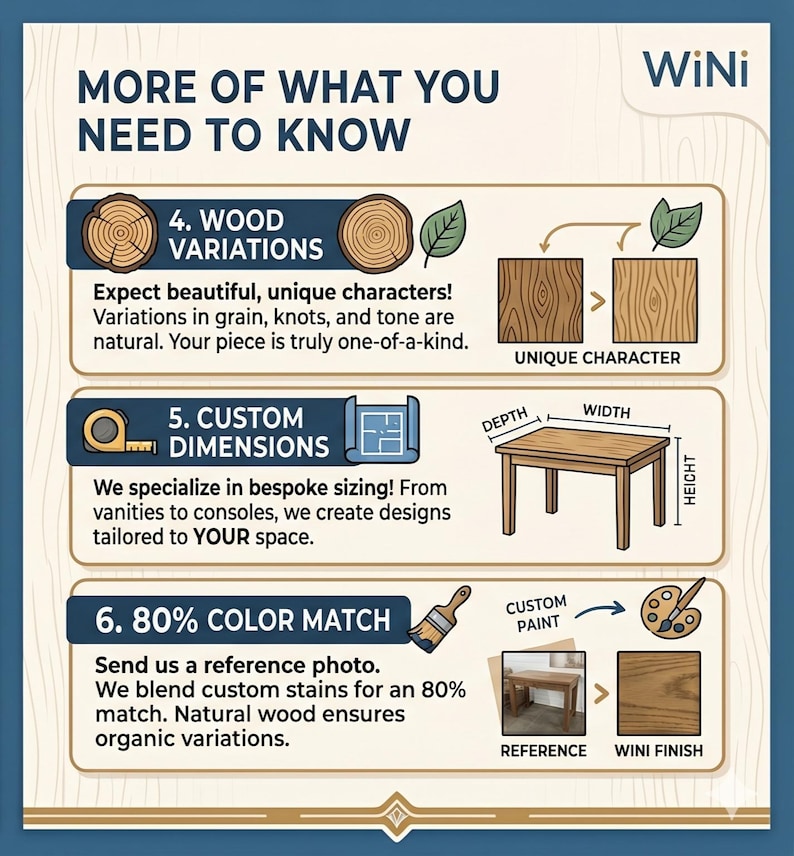 May include: An informational graphic titled MORE OF WHAT YOU NEED TO KNOW by WiNi. It details three points: 4. WOOD VARIATIONS showing grain and knots, 5. CUSTOM DIMENSIONS with a table diagram, and 6. 80% COLOR MATCH showing a paint brush and palette.